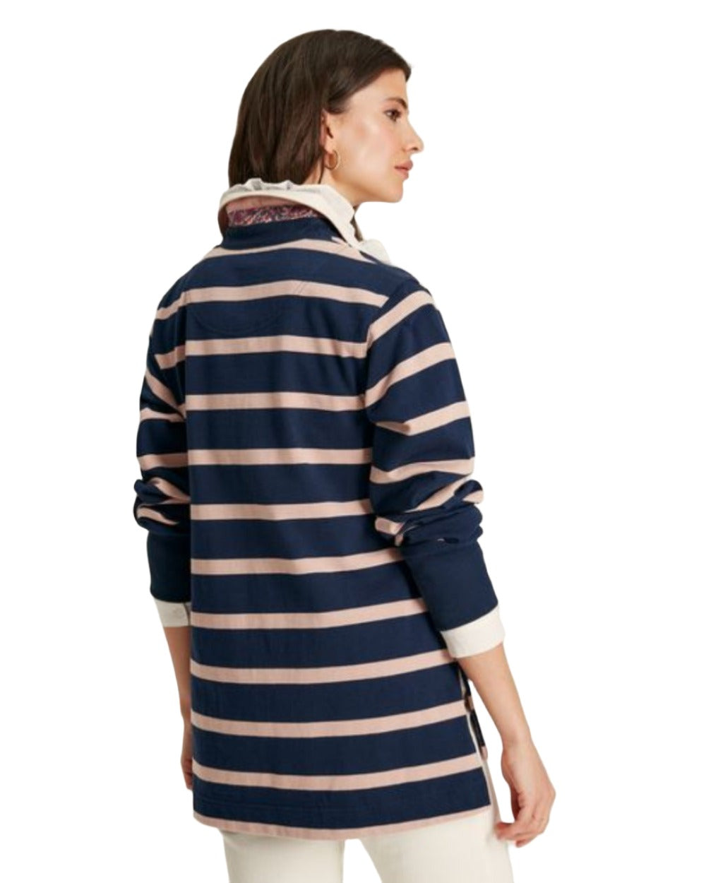 Navy Blue Coloured Joules Sammie Striped Heavyweight Cotton Rugby Shirt On A White Background 