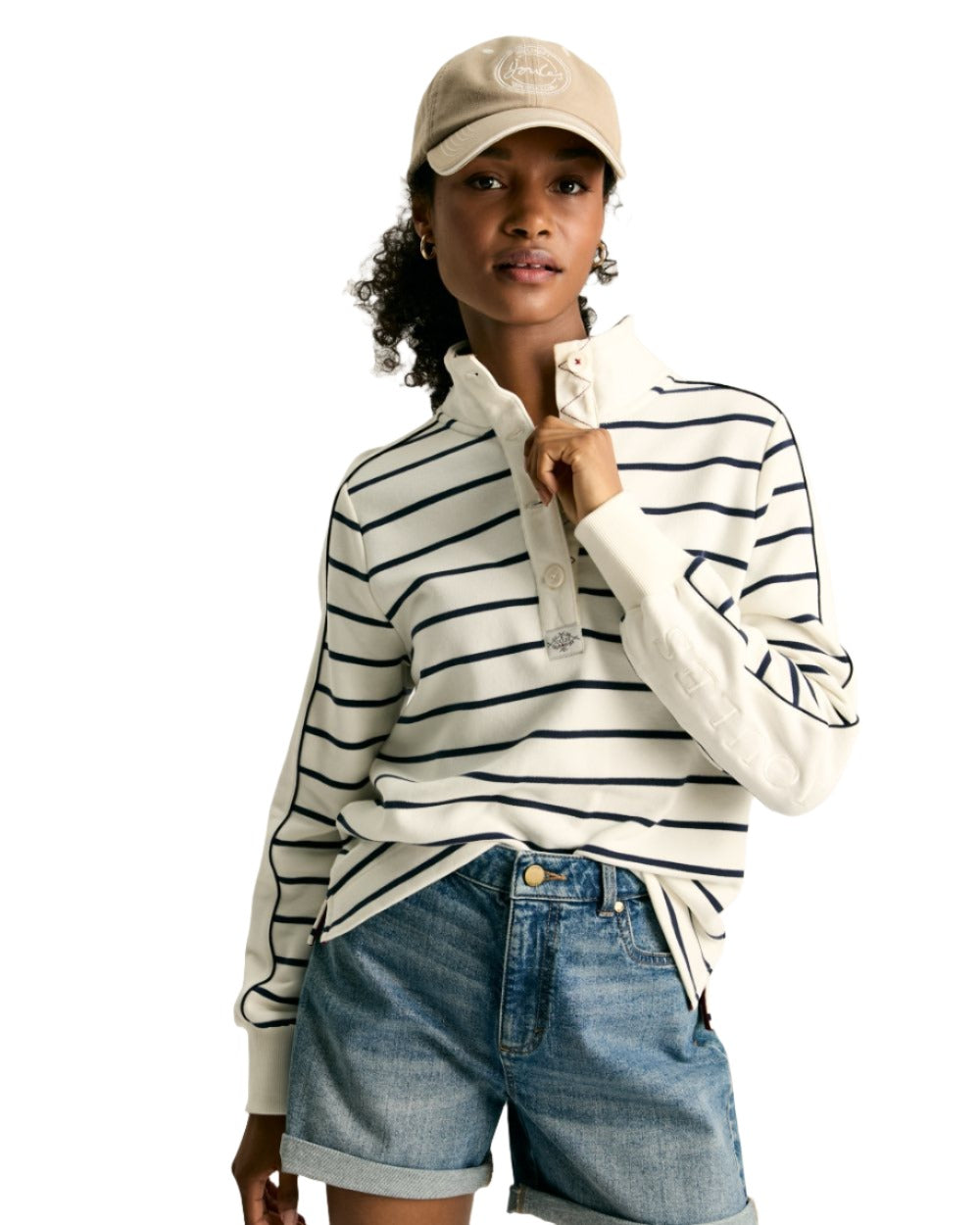 Navy Coloured Joules Southwold Button Down Striped Sweatshirt On A White Background 