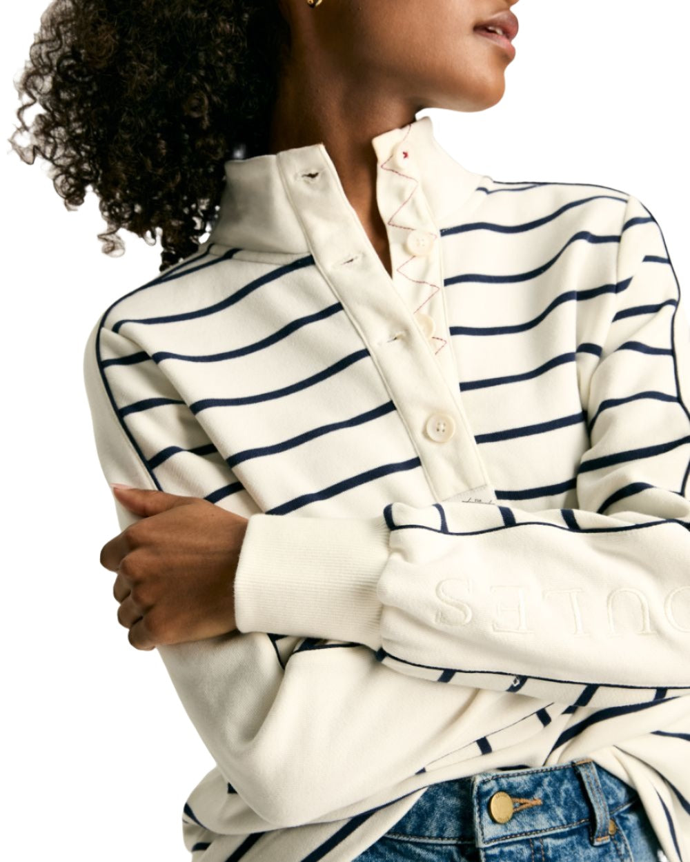 Navy Coloured Joules Southwold Button Down Striped Sweatshirt On A White Background 