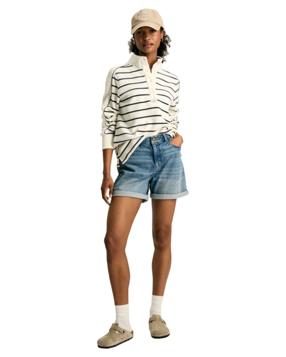 Navy Coloured Joules Southwold Button Down Striped Sweatshirt On A White Background 