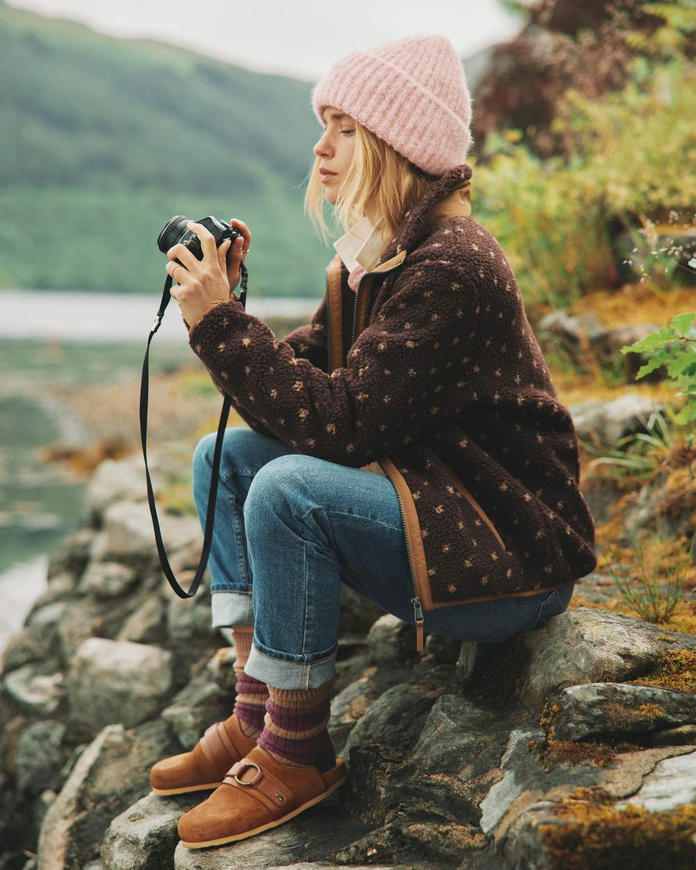 Chocolate Brown Spot Coloured Joules Tilly Half Zip Borg Fleece On A Mountain Background 