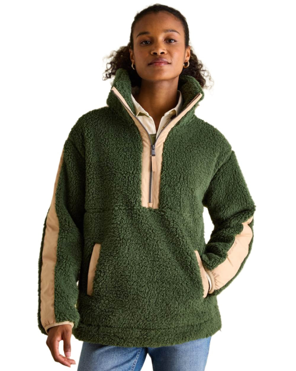 Green Coloured Joules Tilly Half Zip Borg Fleece On A White Background 