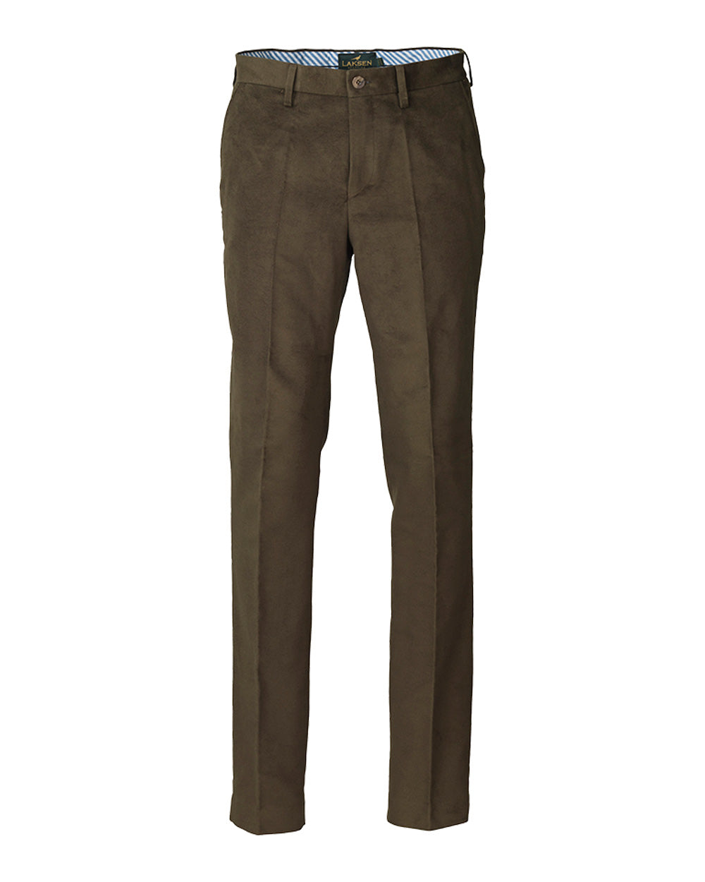 Loden coloured Laksen Belgravia Moleskin Trousers on White Background 