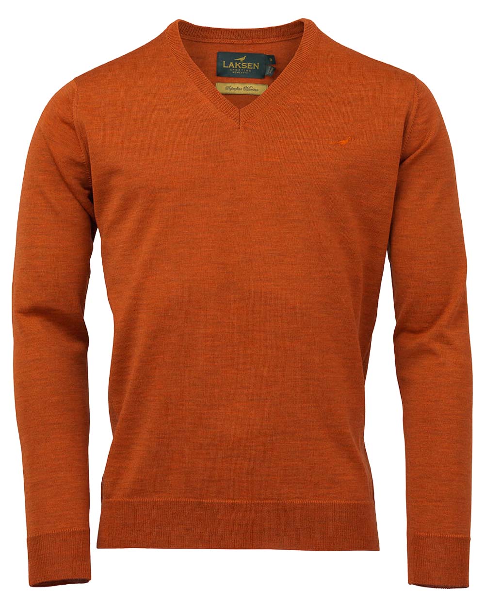 Burnt Orange coloured Laksen Sussex V-Neck on White background 