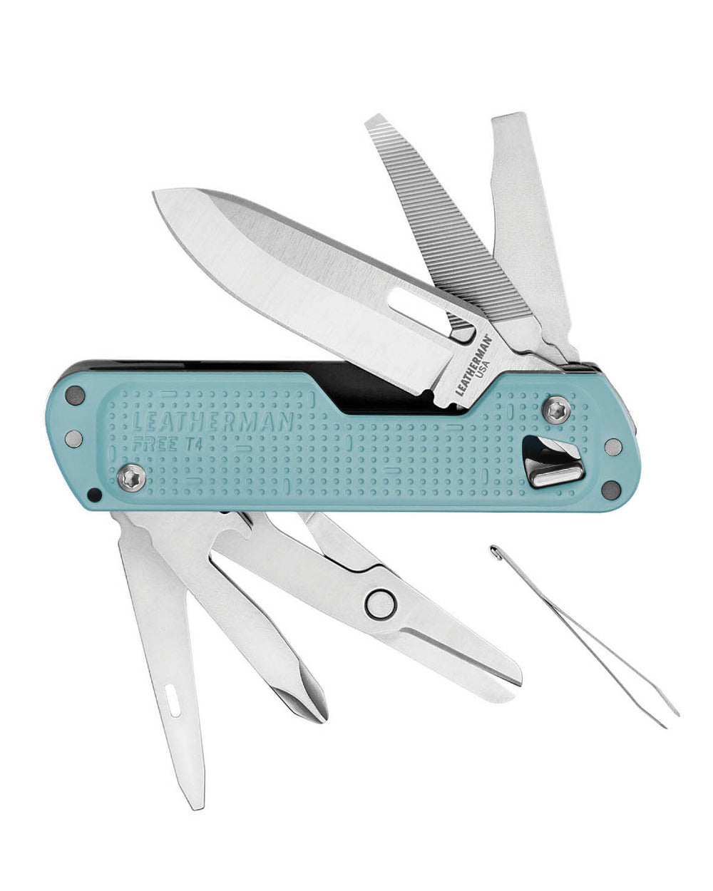 Arctic Coloured Leatherman Free T4 Multi-Tool On A White Background 