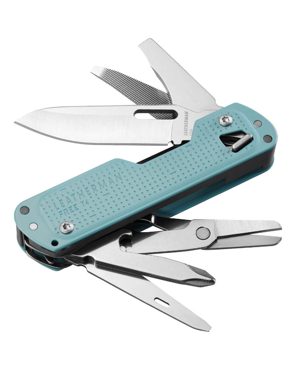 Arctic Coloured Leatherman Free T4 Multi-Tool On A White Background 