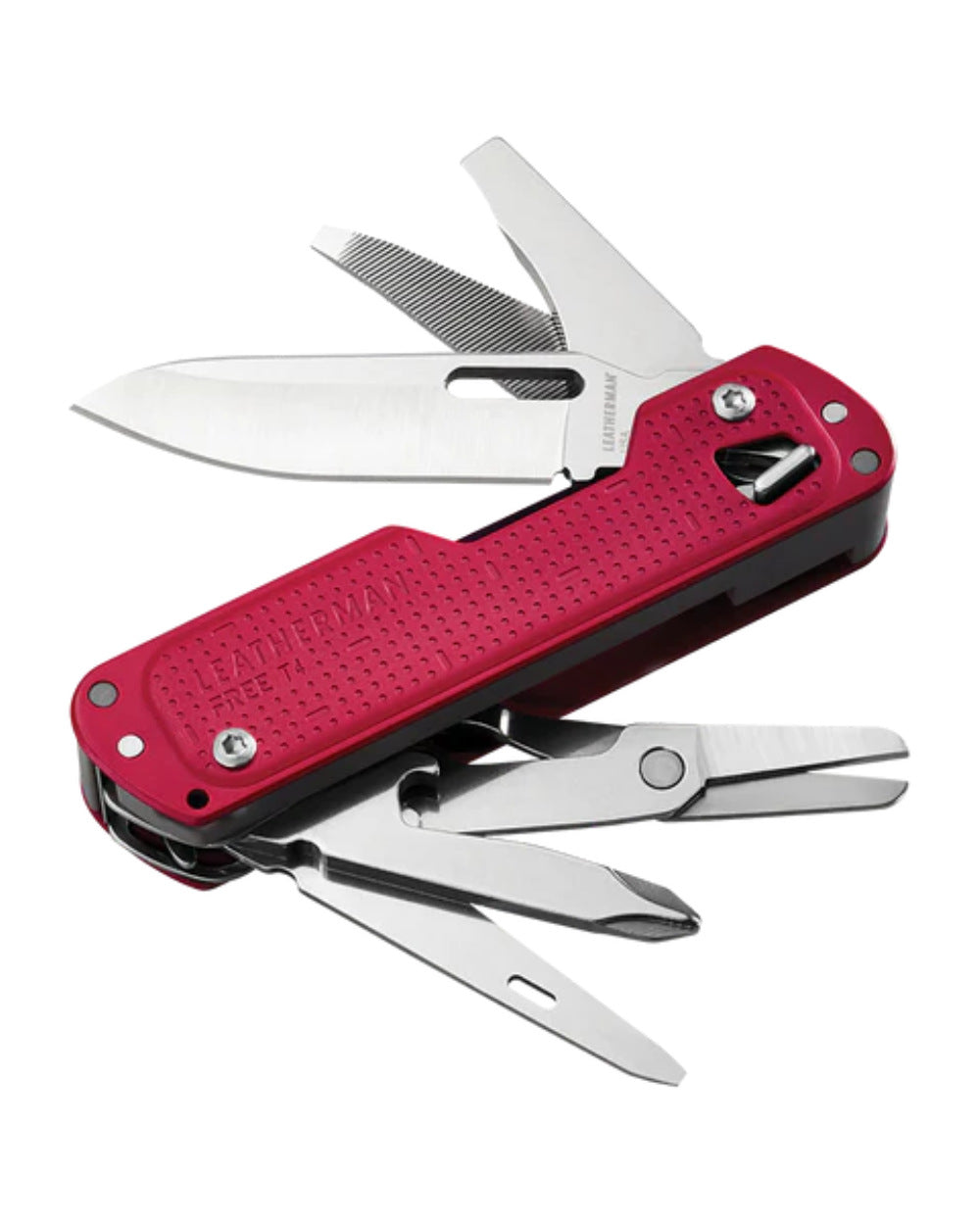 Crimson Coloured Leatherman Free T4 Multi-Tool On A White Background 