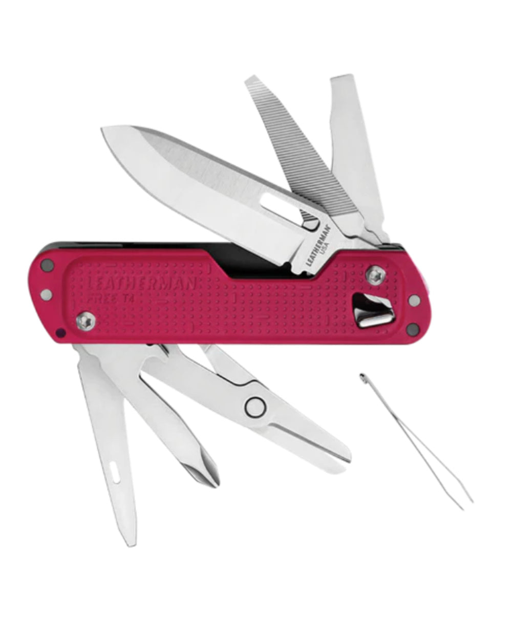 Crimson Coloured Leatherman Free T4 Multi-Tool On A White Background 