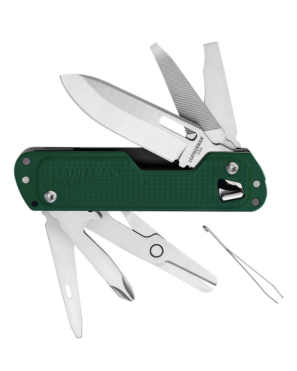 Evergreen Coloured Leatherman Free T4 Multi-Tool On A White Background 