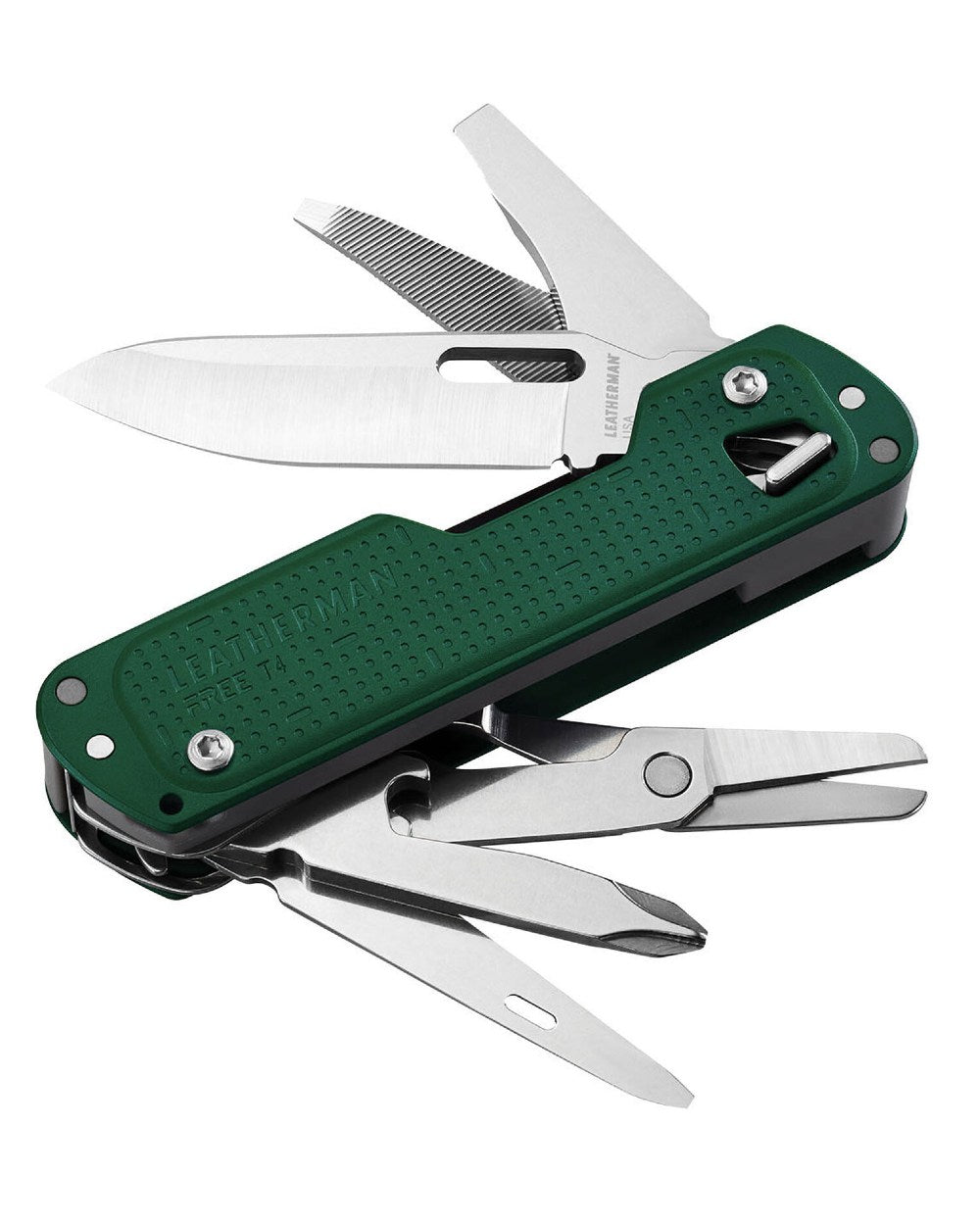 Evergreen Coloured Leatherman Free T4 Multi-Tool On A White Background 