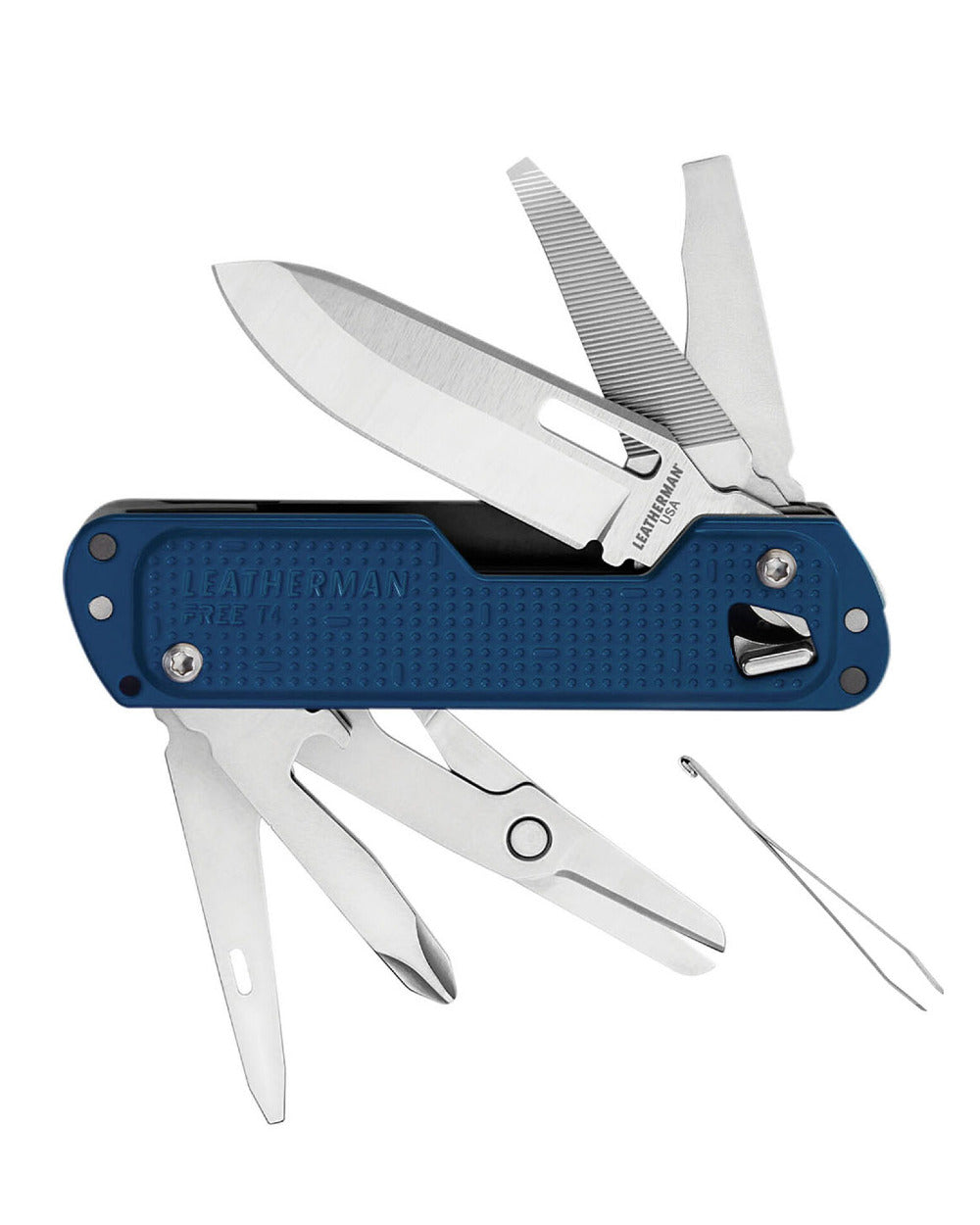 Navy Coloured Leatherman Free T4 Multi-Tool On A White Background 