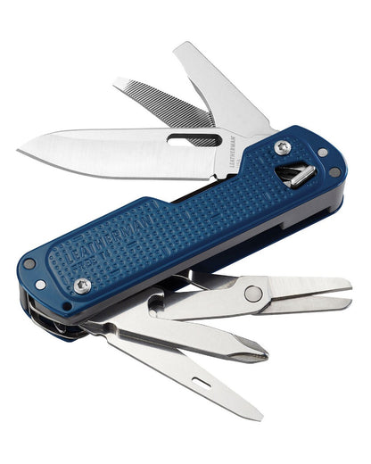 Navy Coloured Leatherman Free T4 Multi-Tool On A White Background 