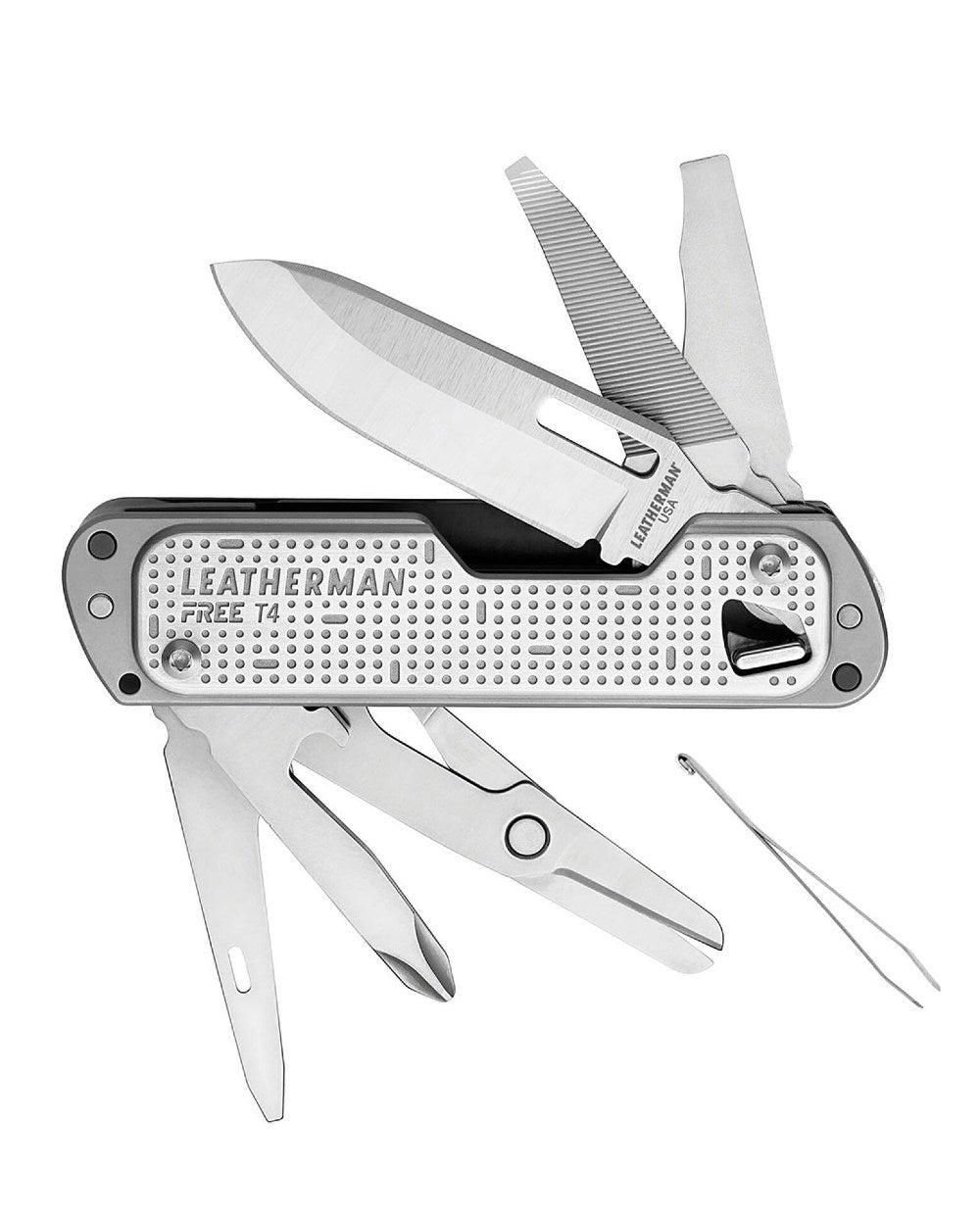 Stainless Steel Coloured Leatherman Free T4 Multi-Tool On A White Background 