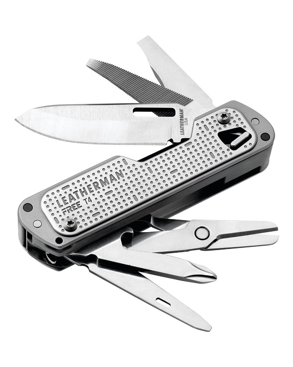 Stainless Steel Coloured Leatherman Free T4 Multi-Tool On A White Background 