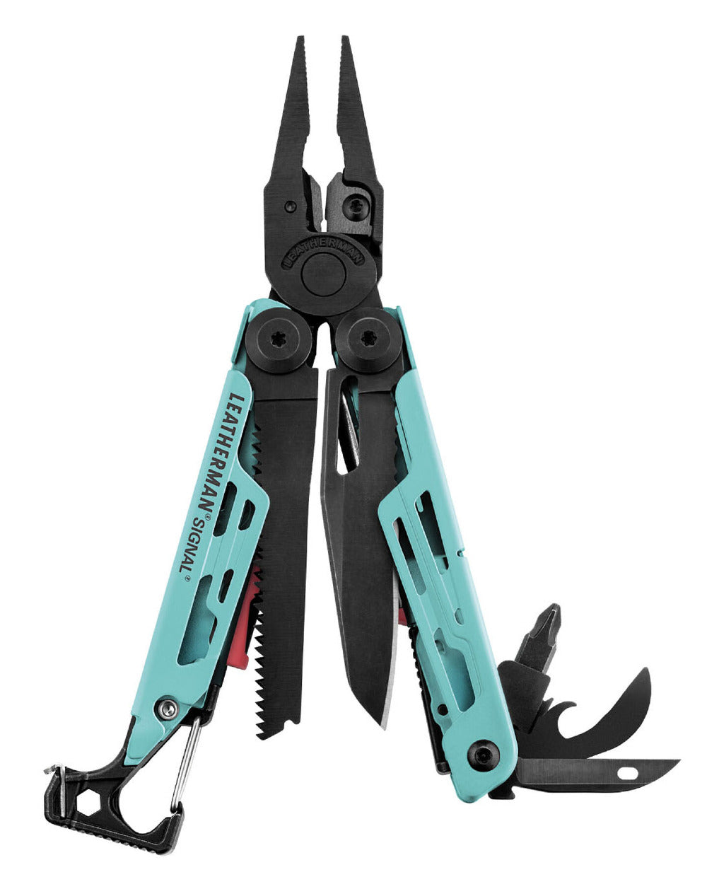 Aqua Coloured Leatherman Signal+ Multi-Tool W/ Nylon Sheath On A White Background 