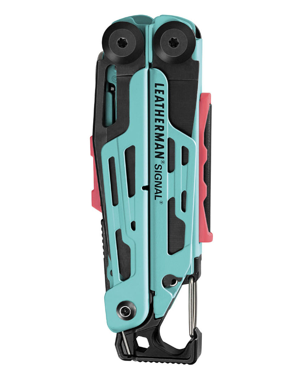 Aqua Coloured Leatherman Signal+ Multi-Tool W/ Nylon Sheath On A White Background 