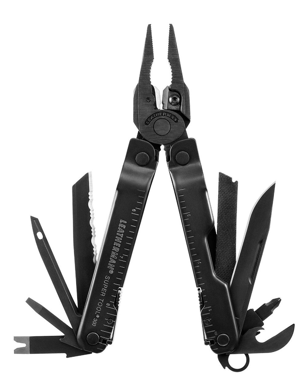 Black Oxide Coloured Leatherman Super Tool 300M Multi-Tool W/ Molle Sheath On A White Background 