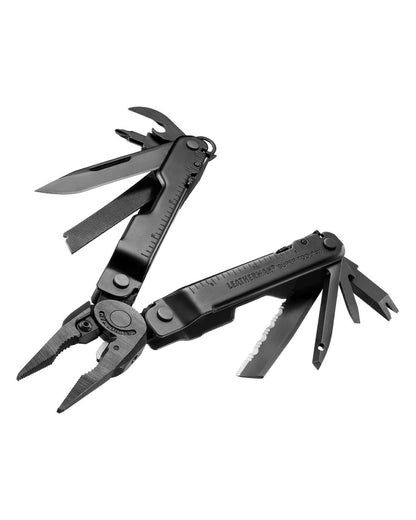 Black Oxide Coloured Leatherman Super Tool 300M Multi-Tool W/ Molle Sheath On A White Background 