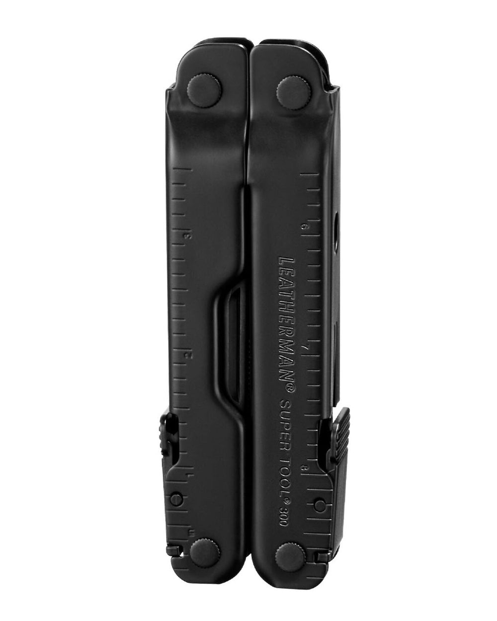 Black Oxide Coloured Leatherman Super Tool 300M Multi-Tool W/ Molle Sheath On A White Background 