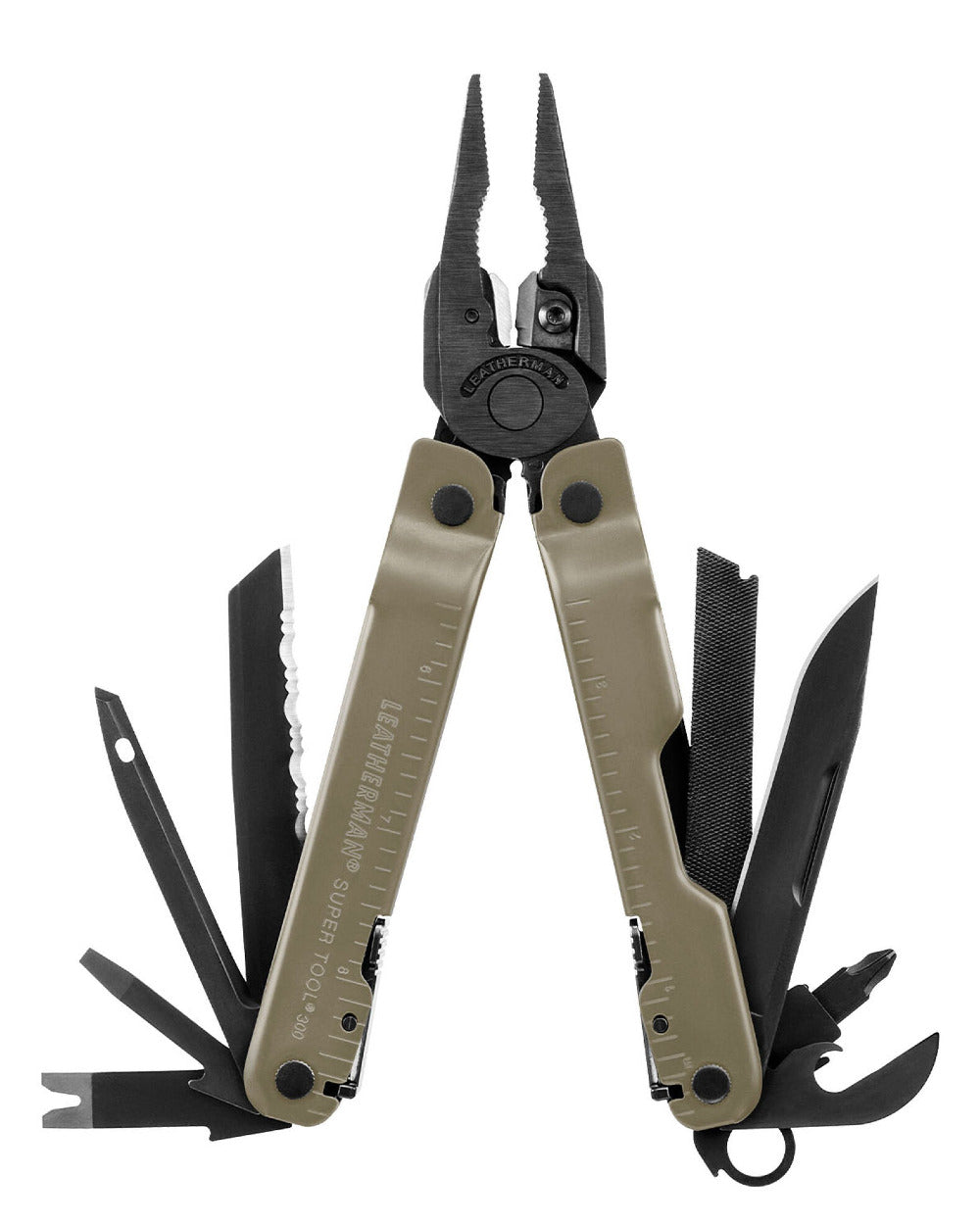 Coyote Coloured Leatherman Super Tool 300M Multi-Tool W/ Molle Sheath On A White Background 