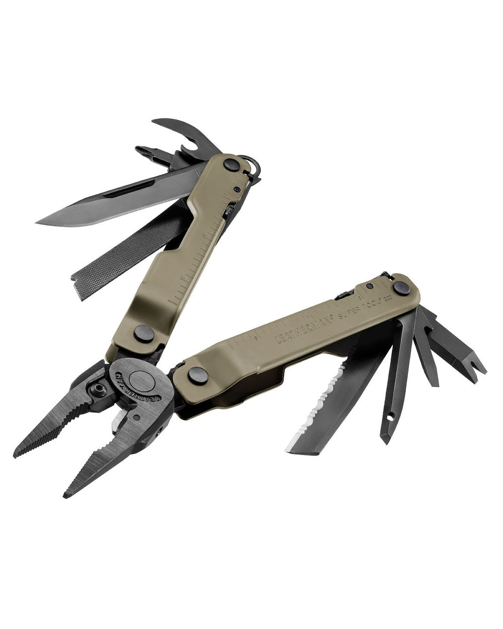 Coyote Coloured Leatherman Super Tool 300M Multi-Tool W/ Molle Sheath On A White Background 