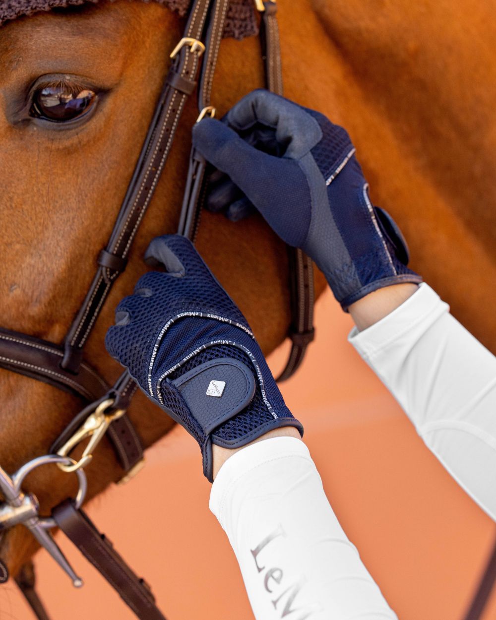 Navy coloured LeMieux 3D Mesh Riding Gloves with horse in background 