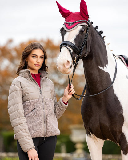 Ash Coloured LeMieux Alissa Hybrid Fleece Jacket On A Front Yard Background 