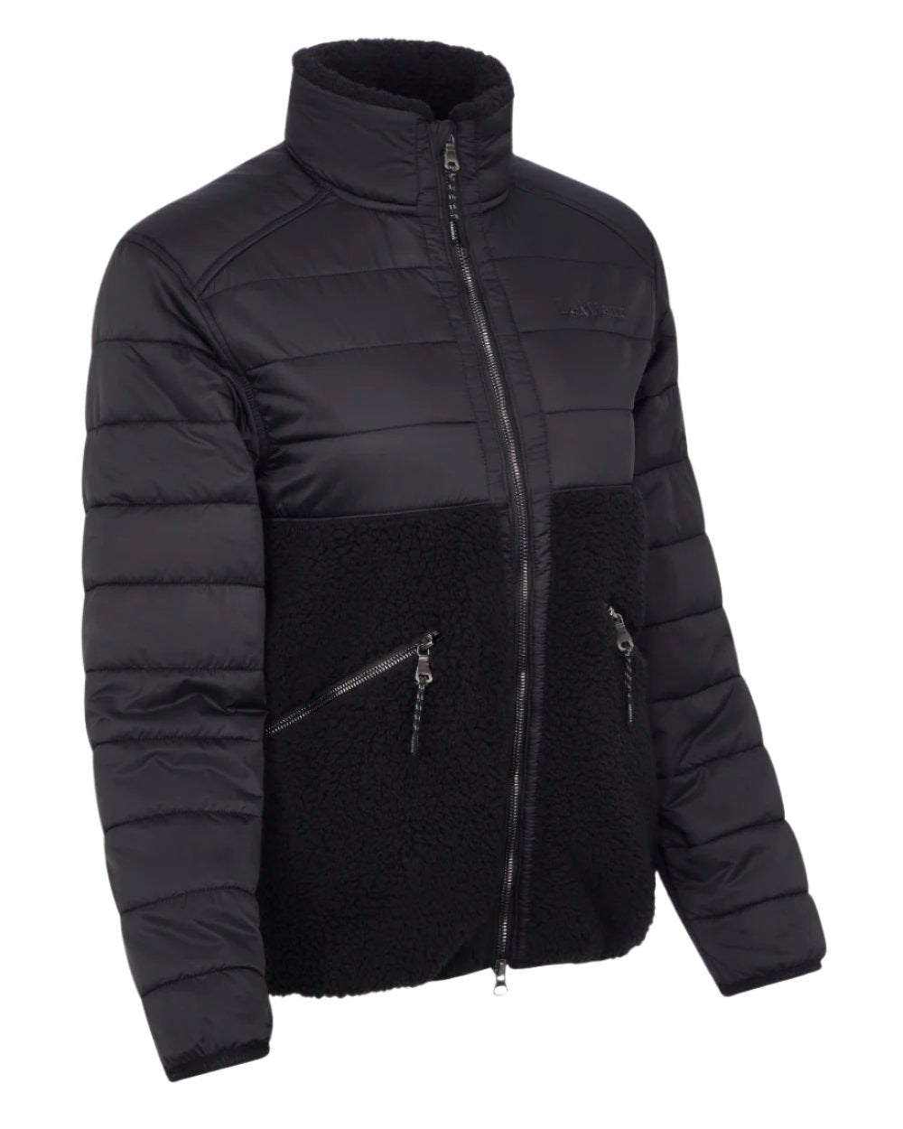 Black Coloured LeMieux Alissa Hybrid Fleece Jacket On A White Background 