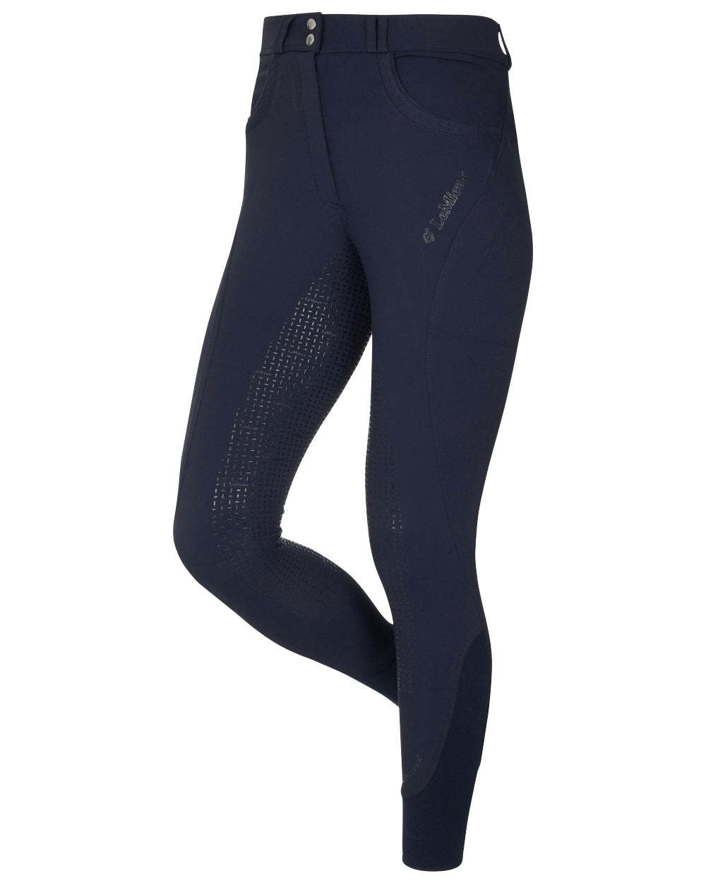 Navy coloured LeMieux Amara II Breech Full Seat on white background 