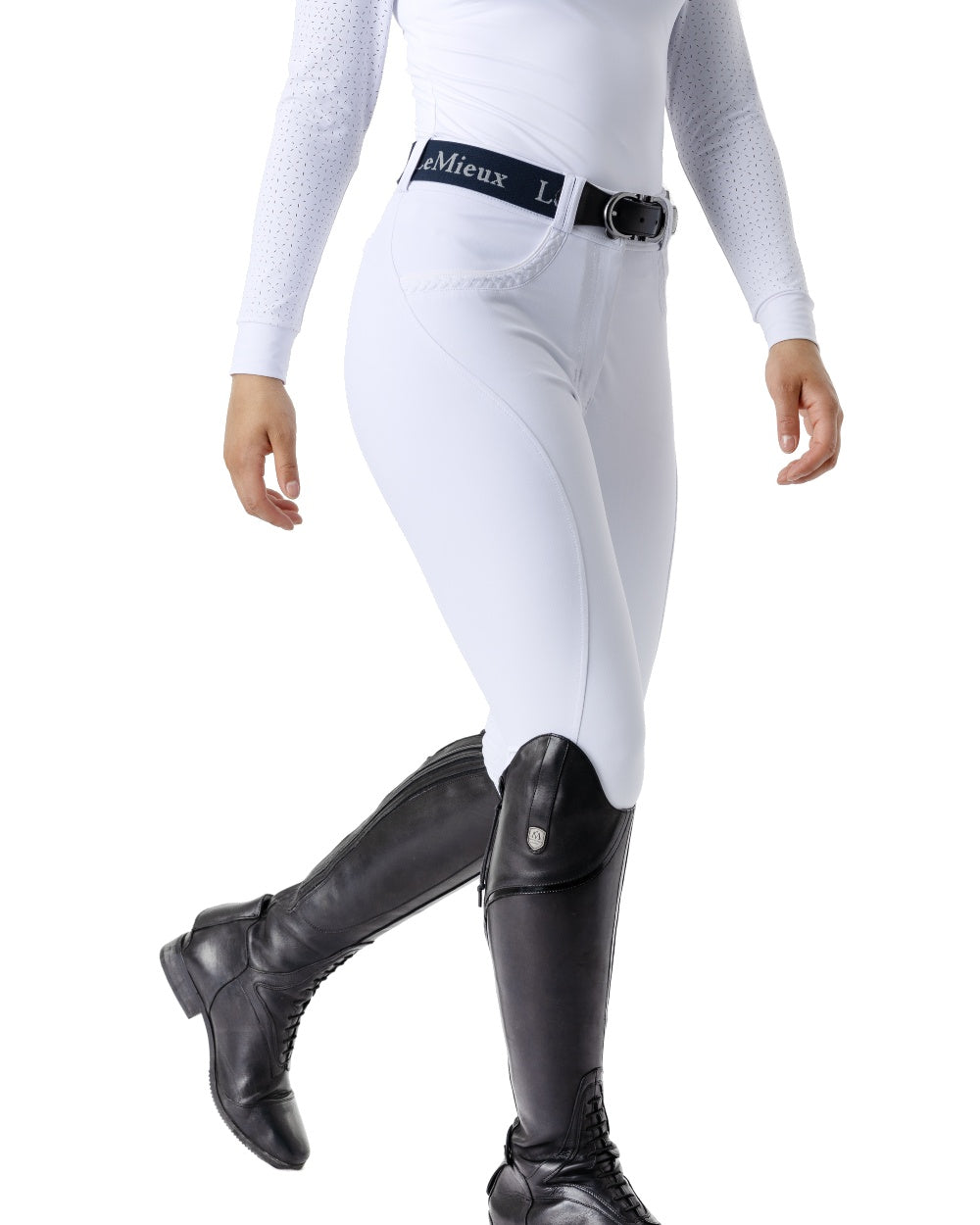 White coloured LeMieux Amara II Breech Full Seat on white background 