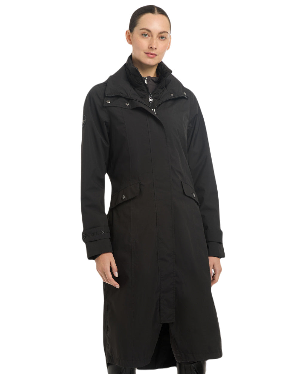 Black Coloured LeMieux Amelie Lightweight Waterproof Riding Coat On A White Background 