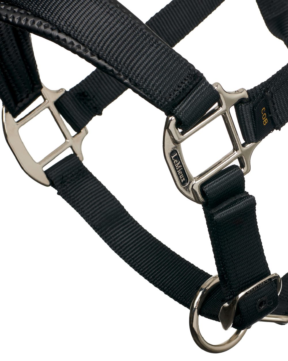 Black coloured LeMieux Break Away Headcollar on white background 