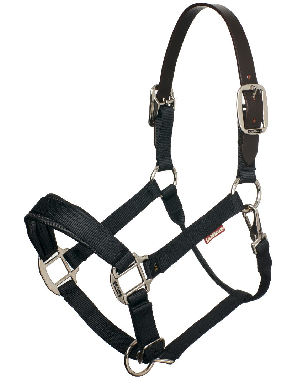 Black coloured LeMieux Break Away Headcollar on white background 