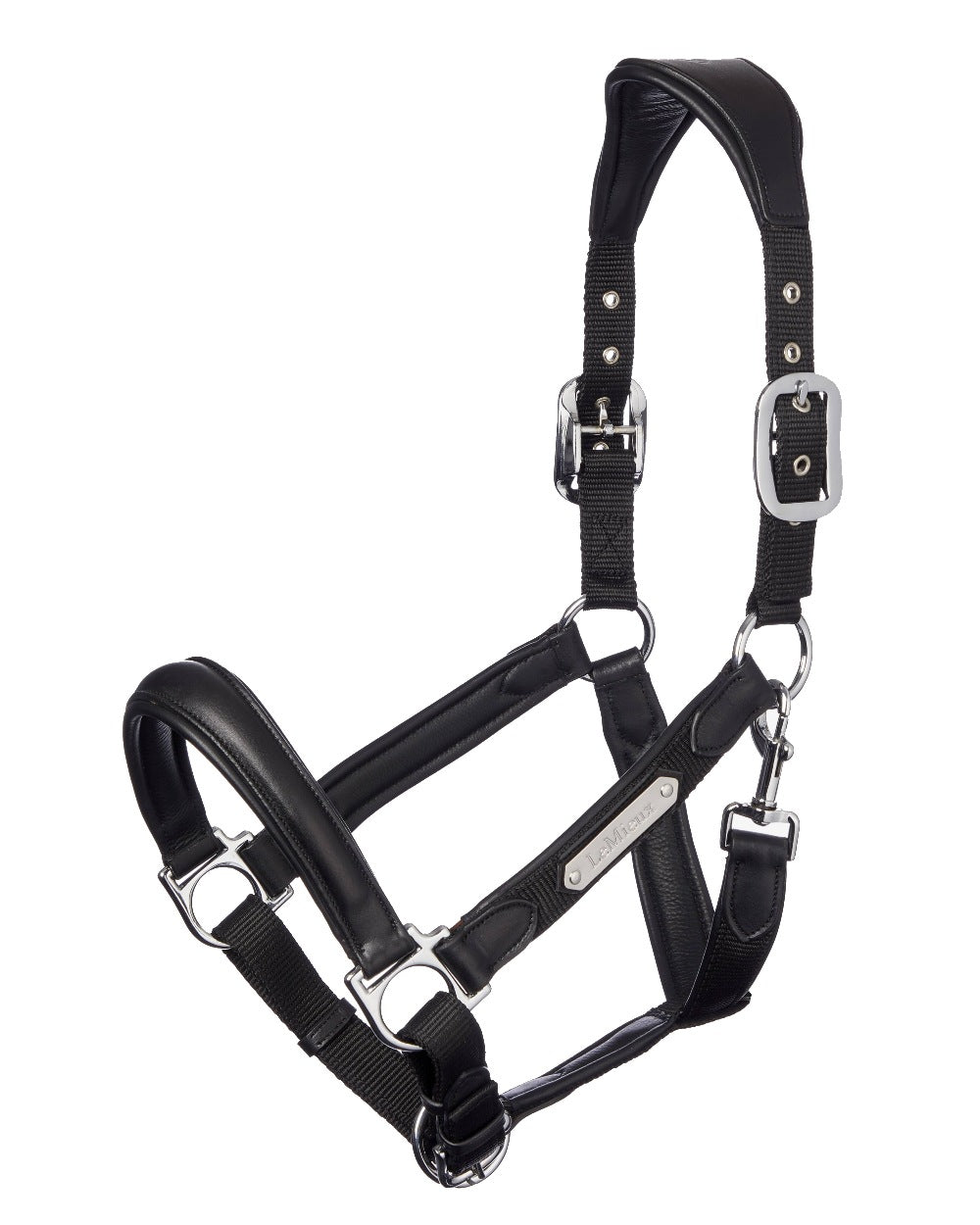 Black coloured LeMieux Capella Headcollar on white background 