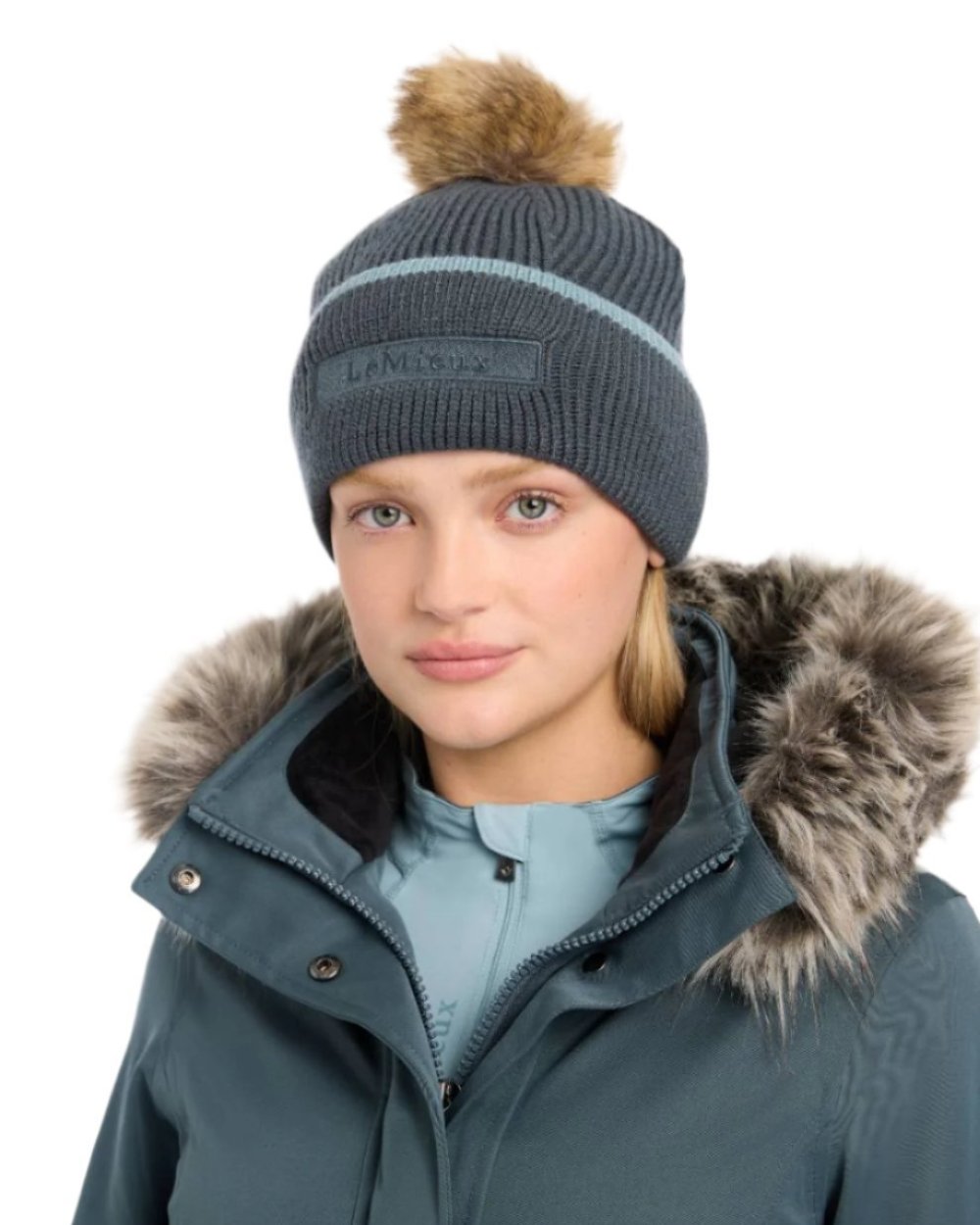 Petrol Coloured LeMieux Clara Cable Beanie On A White Background 