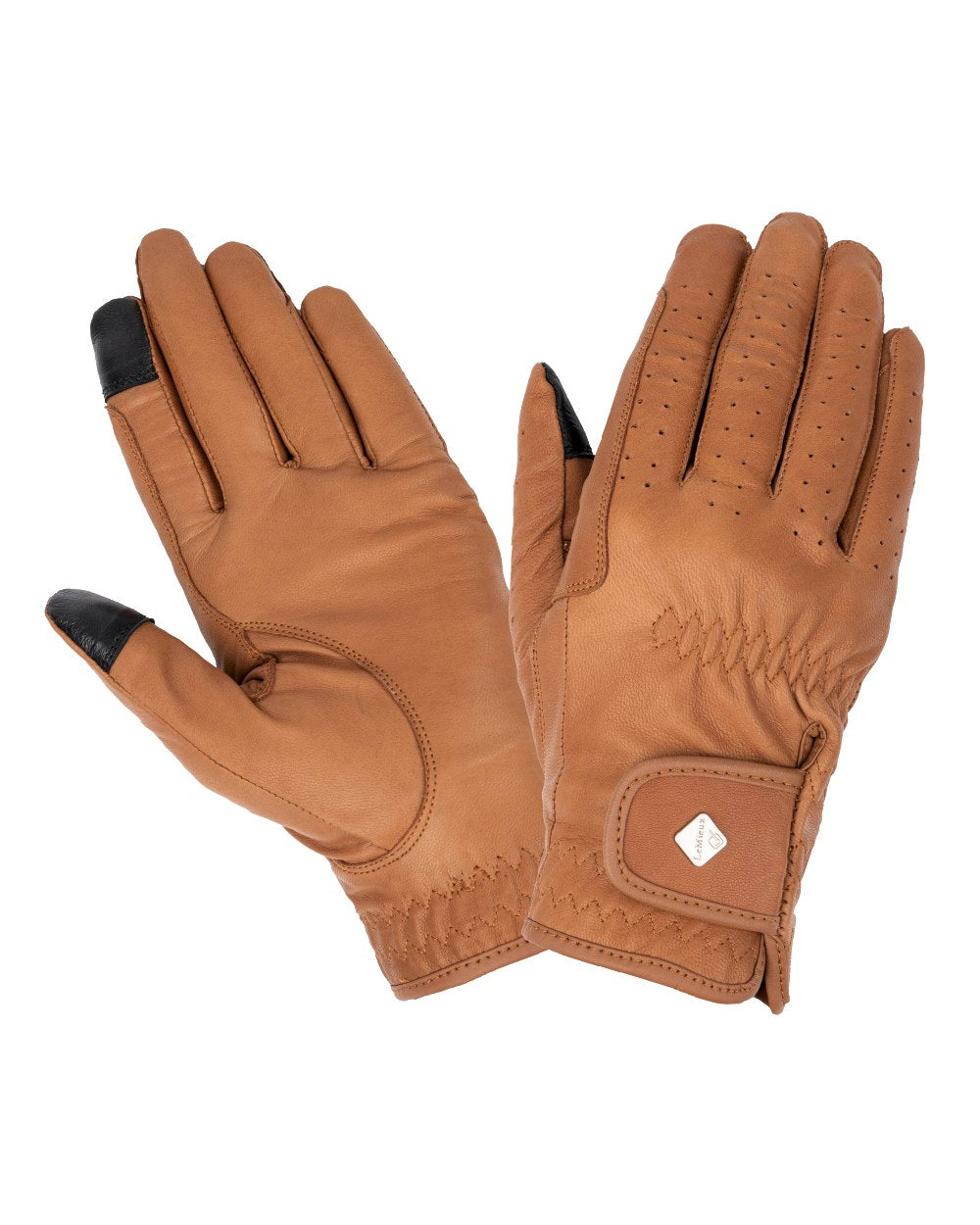 Tan coloured LeMieux Classic Leather Riding Gloves on white background 