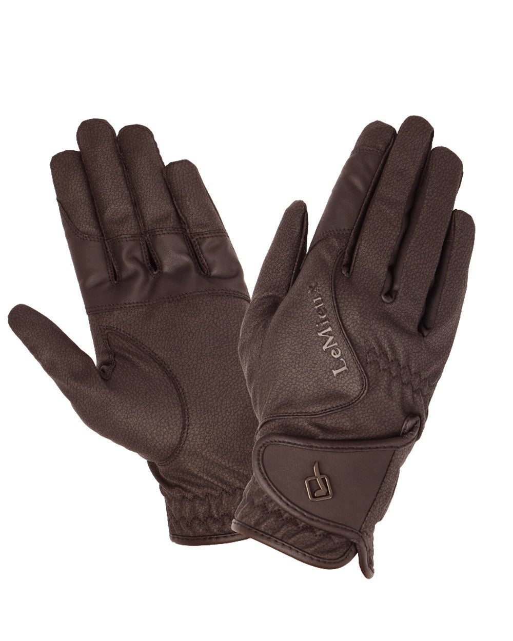 Brown coloured LeMieux Close Contact Gloves on white background 