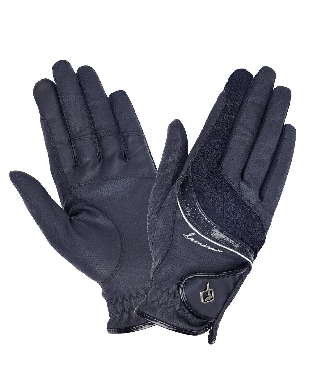 Navy coloured LeMieux Competition Gloves on white background 