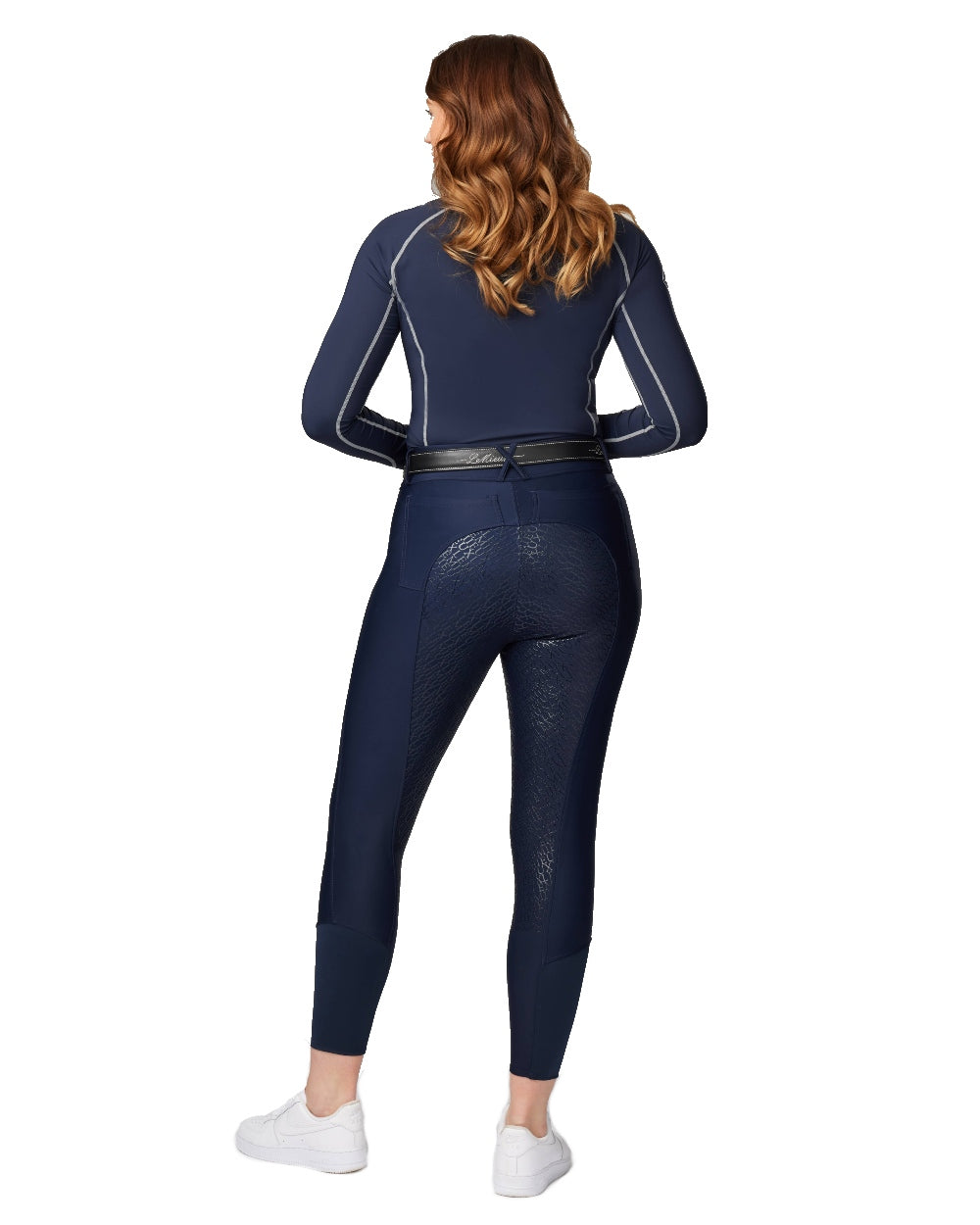 Navy coloured LeMieux Demi Pull On Breggings Full Seat on white background 