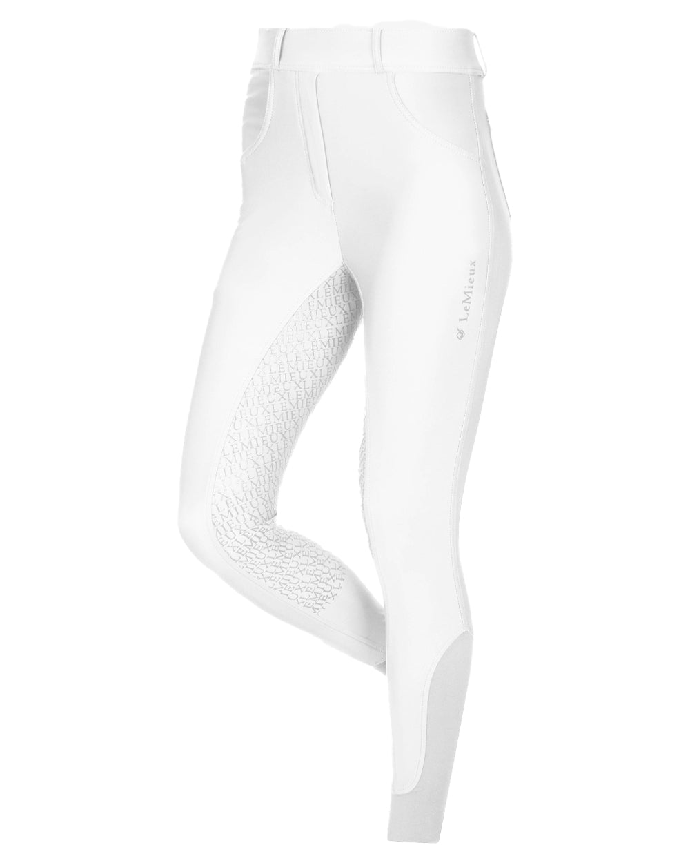 White coloured LeMieux Demi Pull On Breggings Full Seat on White background 