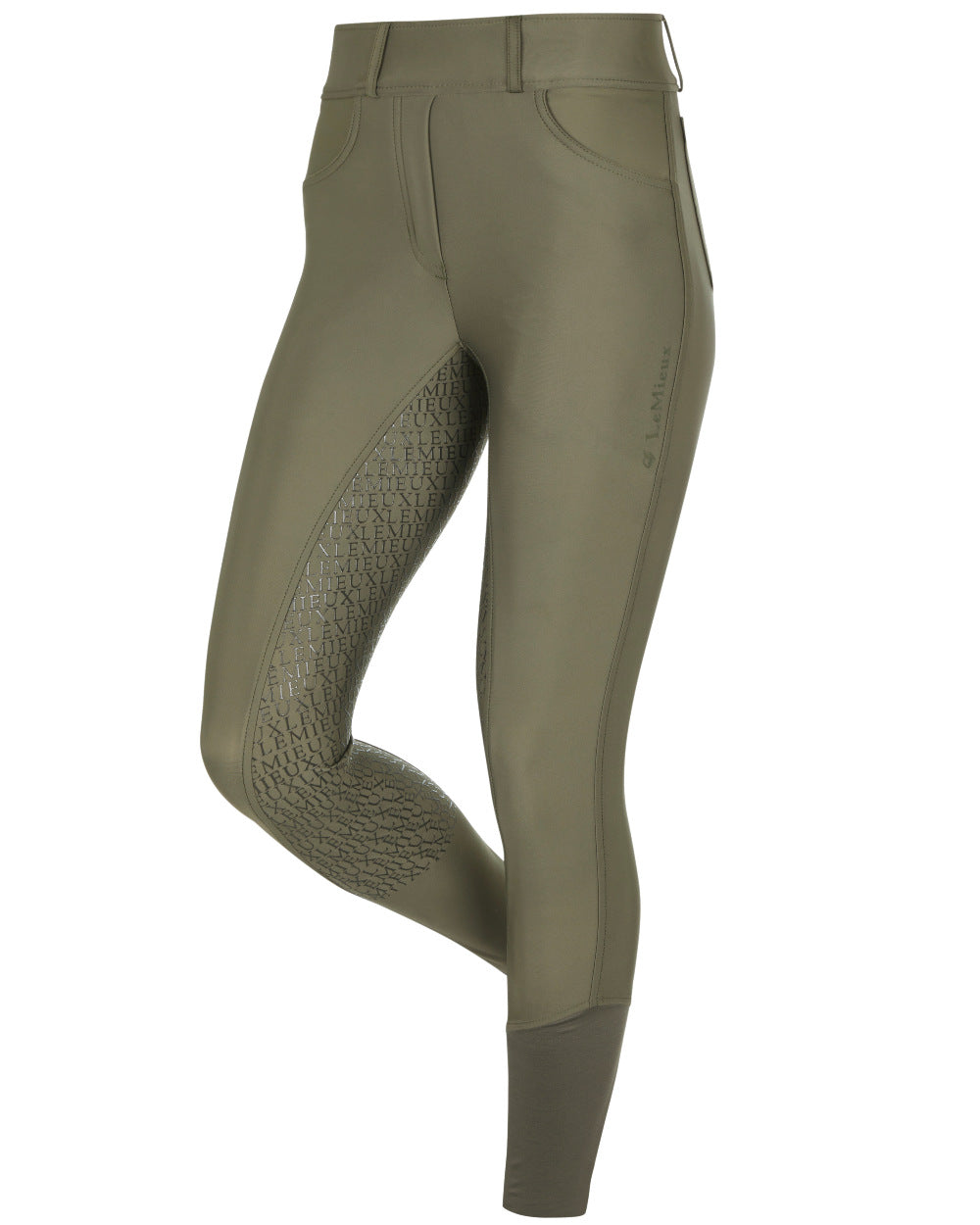 Khaki Coloured LeMieux Demi Pull On Full Seat Breggings On A White Background 