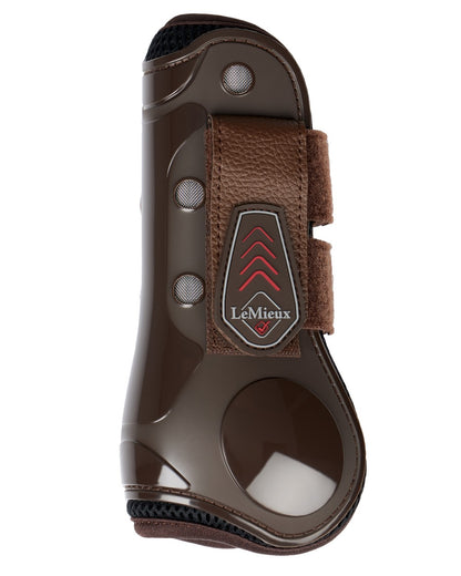 Brown coloured LeMieux Derby ProJump Tendon Boots on white background 