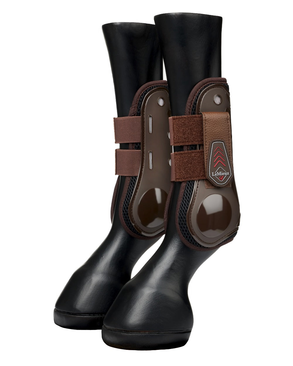 Brown coloured LeMieux Derby ProJump Tendon Boots on white background 