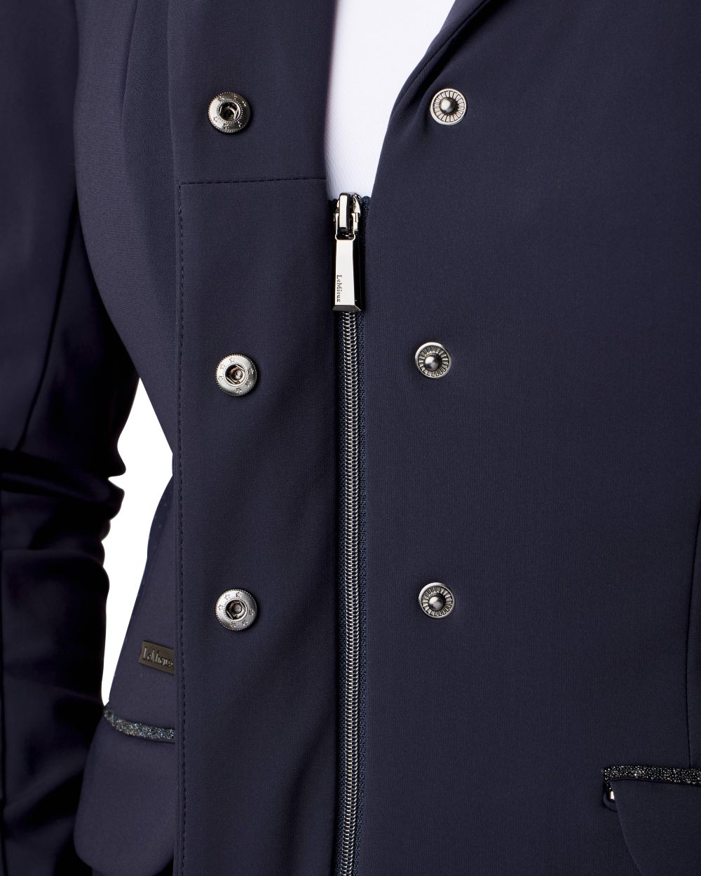 Navy coloured LeMieux Dynamique Show Jacket on white background 