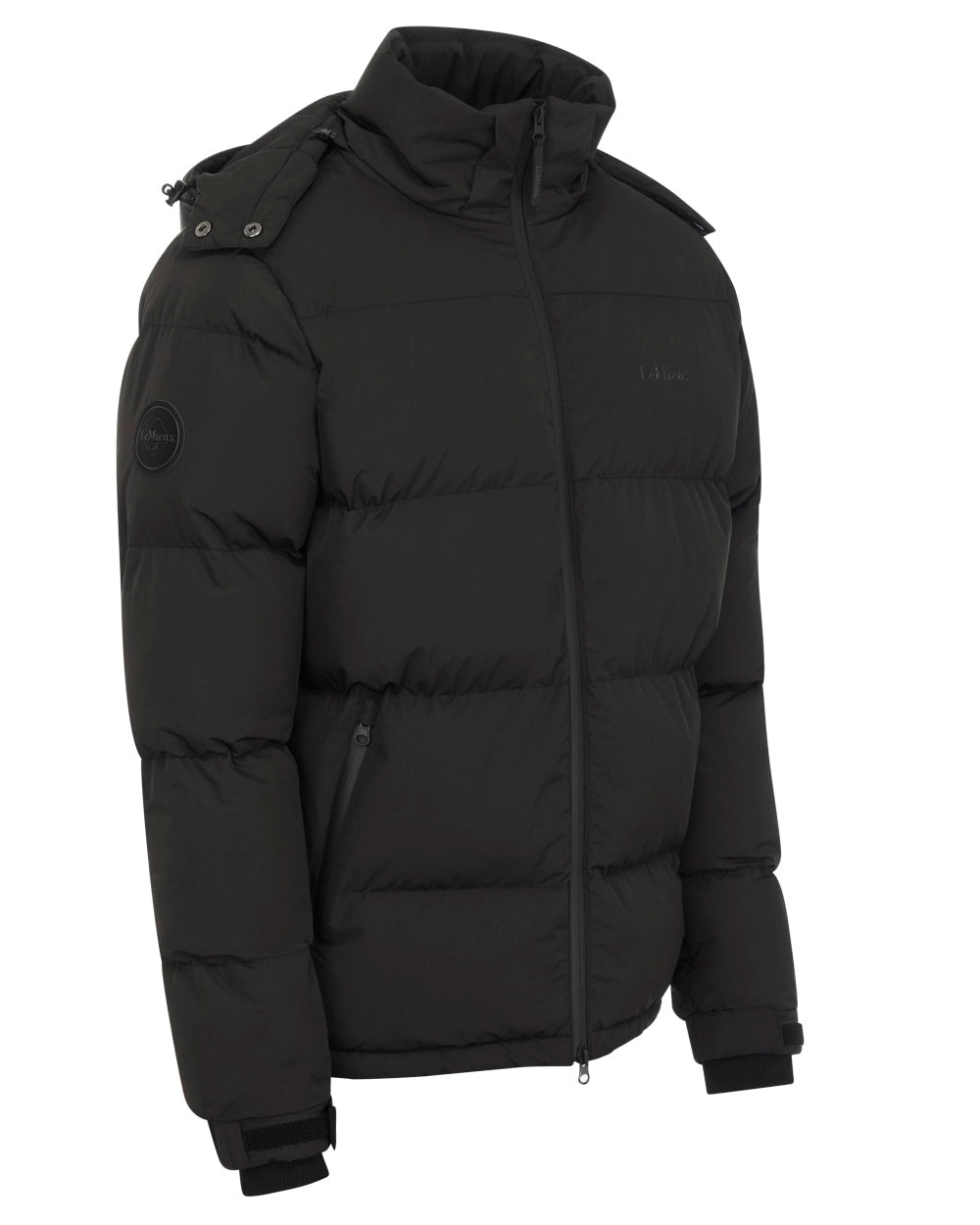 Black coloured LeMieux Elite Young Rider Boys Puffer Jacket on white background 