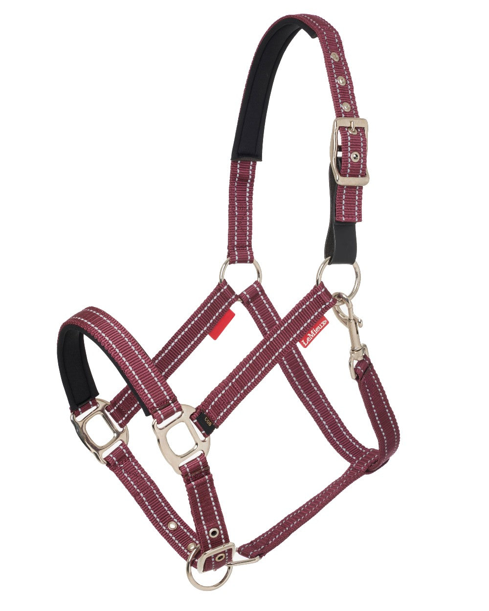 Burgundy coloured LeMieux Essential Yard Headcollar on white background 