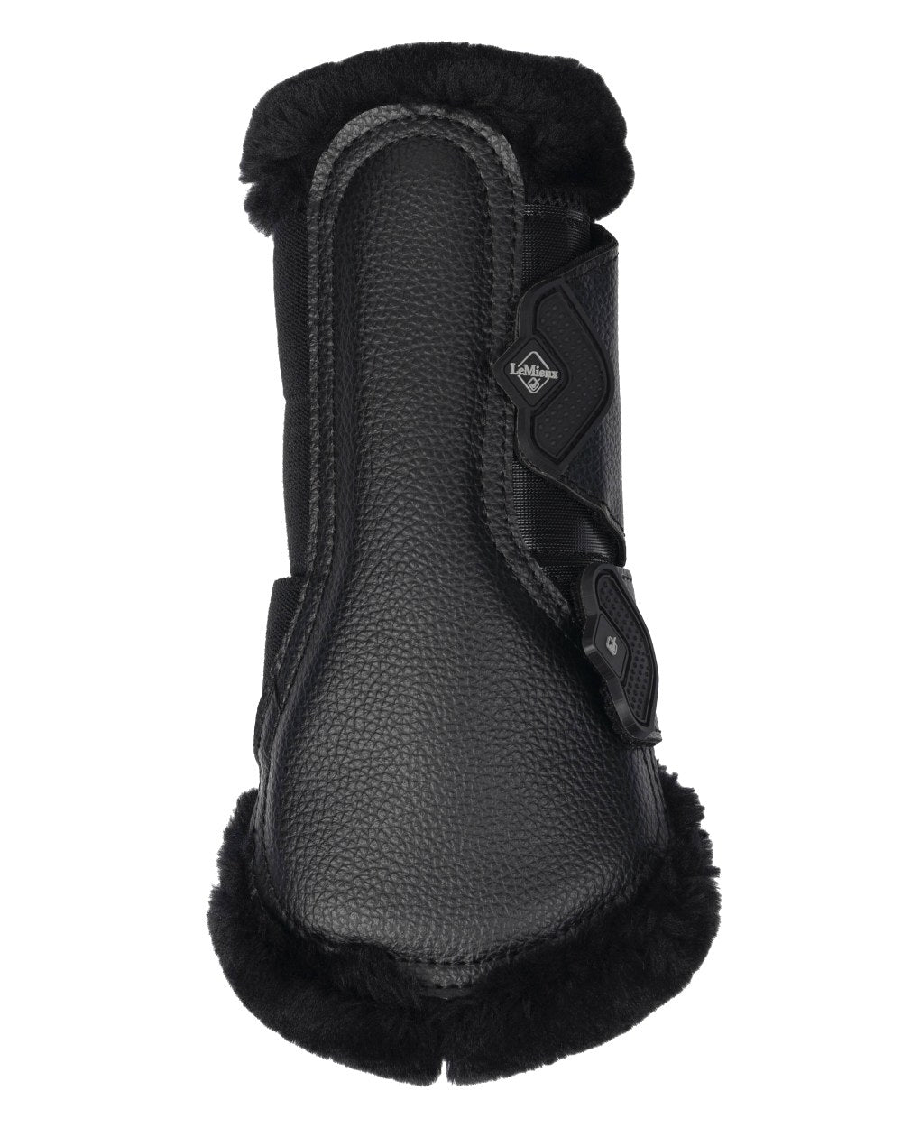 Black coloured LeMieux Fleece Edged Mesh Brushing Boots on white background 