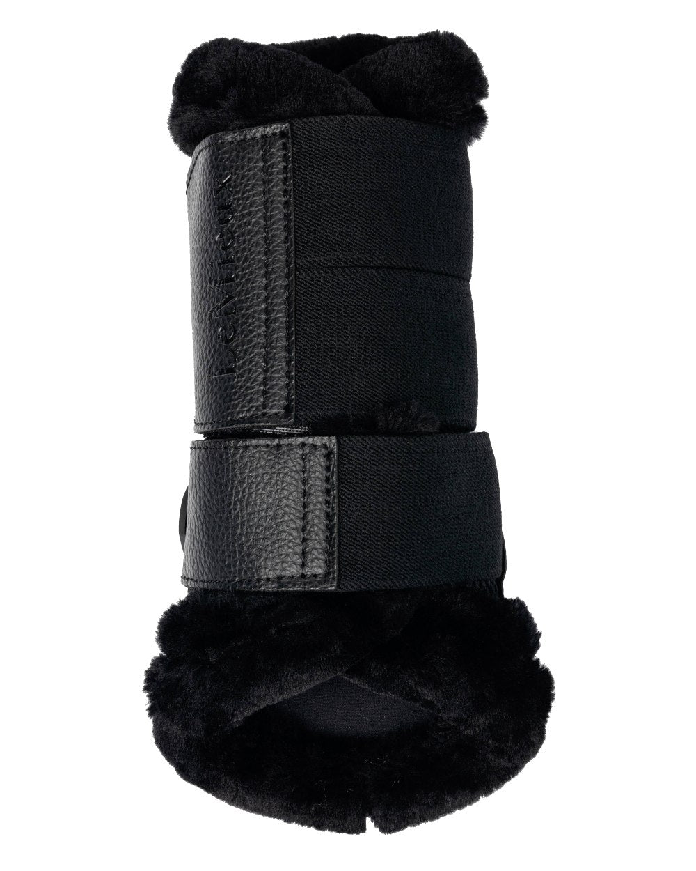 Black coloured LeMieux Fleece Edged Mesh Brushing Boots on white background 