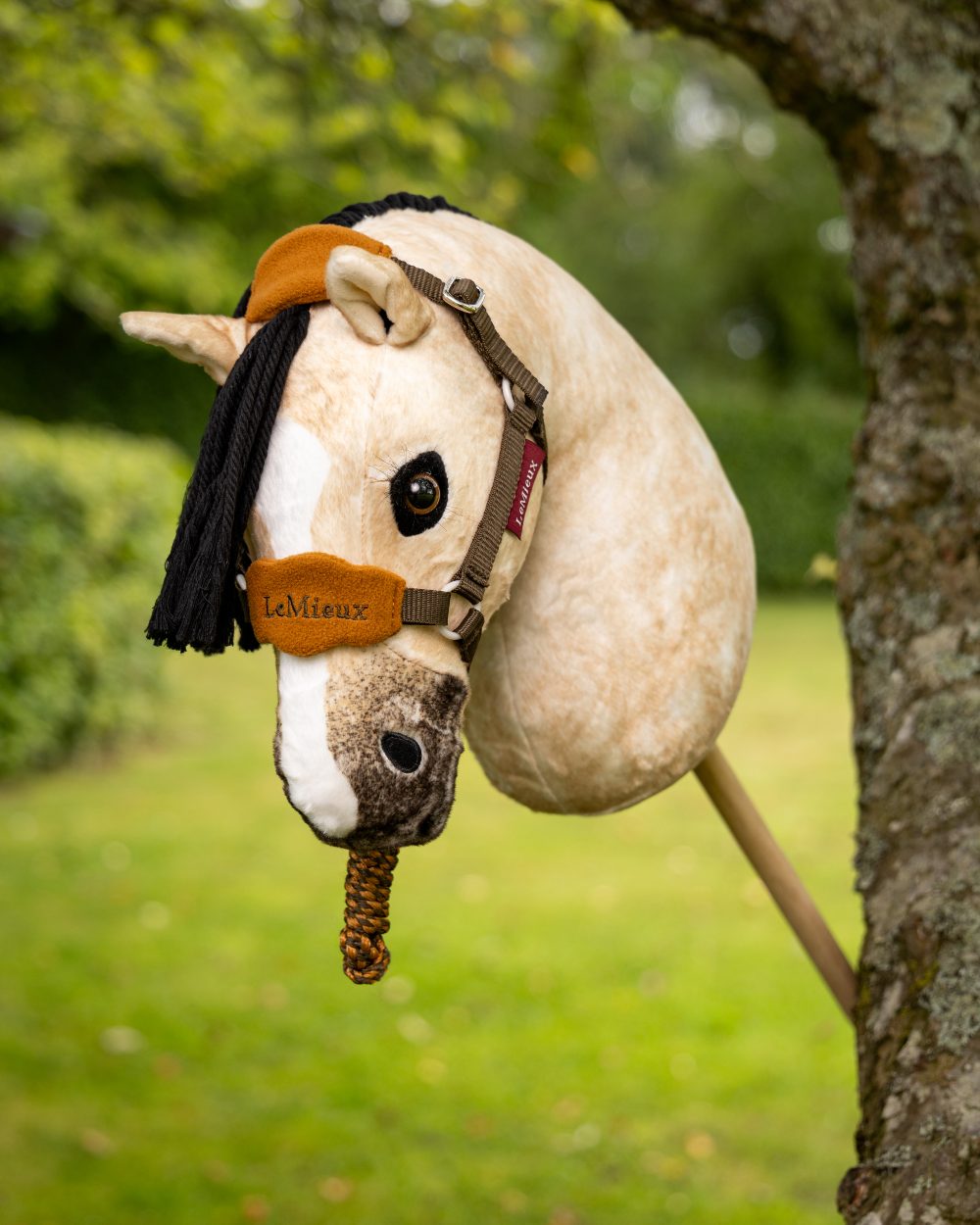 Alpine Coloured LeMieux Hobby Horse Vogue Headcollar On A Outer Yard Background 