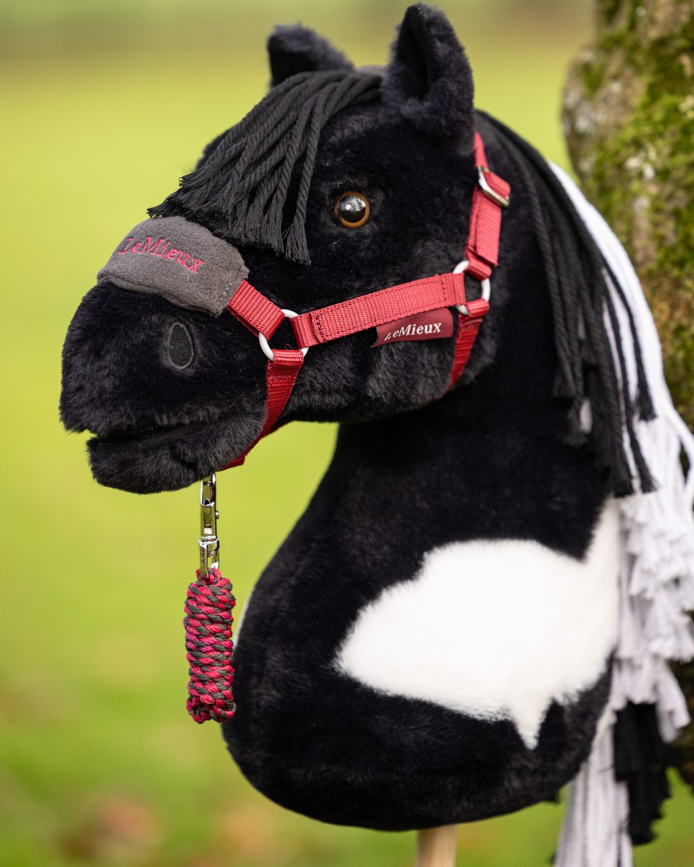 Ember Coloured LeMieux Hobby Horse Vogue Headcollar On A Outer Yard Background 